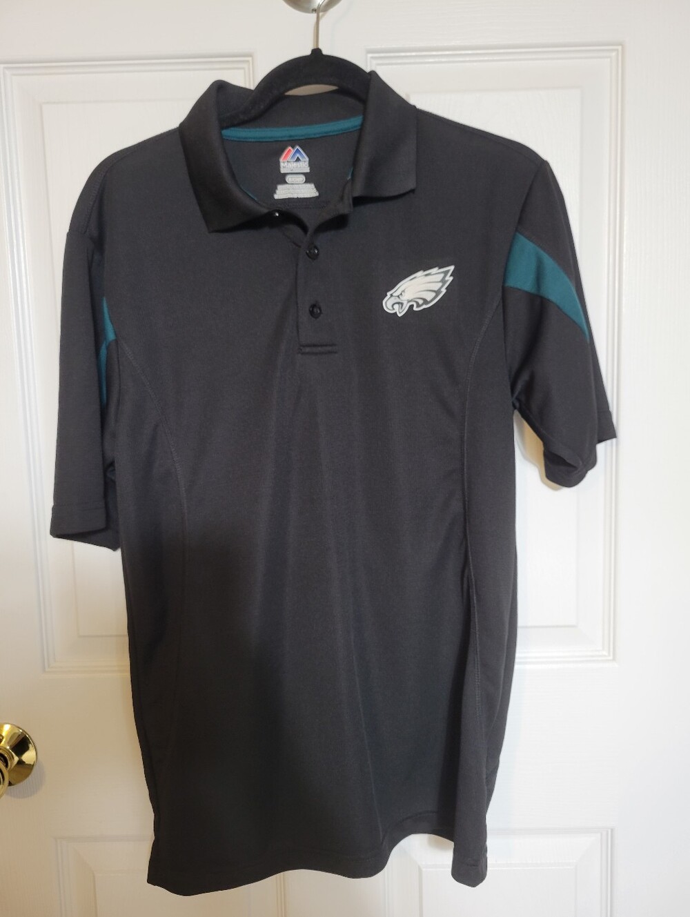 Majestic Mens Philadelphia Eagles Polo Shirt Short Sleeve Black Teal Accent Size